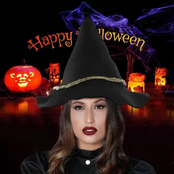 Шляпа ведьмы на Хэллоуин, Черная Шляпа Ведьмы, Маскарадный костюм для косплея, Аксессуар для костюма с заостренными широкими полями, Пеньковая веревка, фетр для Хэллоуина