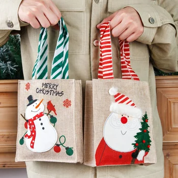 Новый Рождественский портативный подарочный пакет из льна с Санта-Клаусом и снеговиком, рождественский пакет с конфетами Apple S14