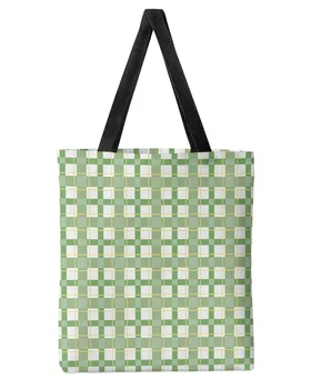 Клетчатая геометрическая плетеная зеленая холщовая сумка для покупок большой емкости для девочек, многоразовые студенческие сумки на плечо