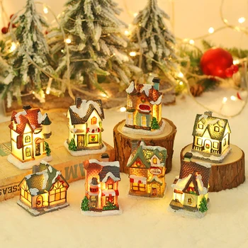 Рождественские украшения Скульптура из смолы Рождественские деревенские домики со светодиодной подсветкой, подходящие для Рождества и Пасхи