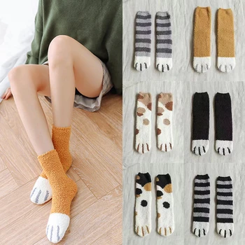 Носки для сна, зимние Милые плюшевые носки Cartoo для женщин из овечьей шерсти с рисунком кота, теплые флисовые носки для сна на домашнем полу, утепленные