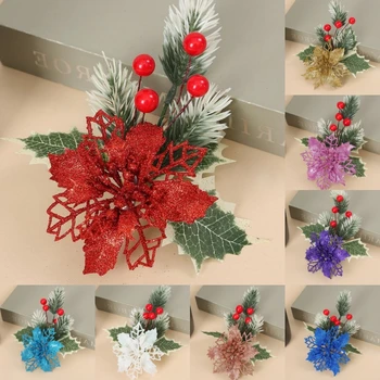 1шт Рождественские Блестящие искусственные Цветы Украшения для Рождественской елки Поддельные Цветы Красная Ягода для украшения домашней Рождественской вечеринки 2024 года