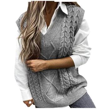 Женский модный свитер, однотонный свитер с V-образным вырезом и без рукавов, вязаный жилет из теста