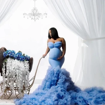 Голубое платье для беременных с оборками и шлейфом в виде русалки для беременных, женское платье для душа, vestido de novia