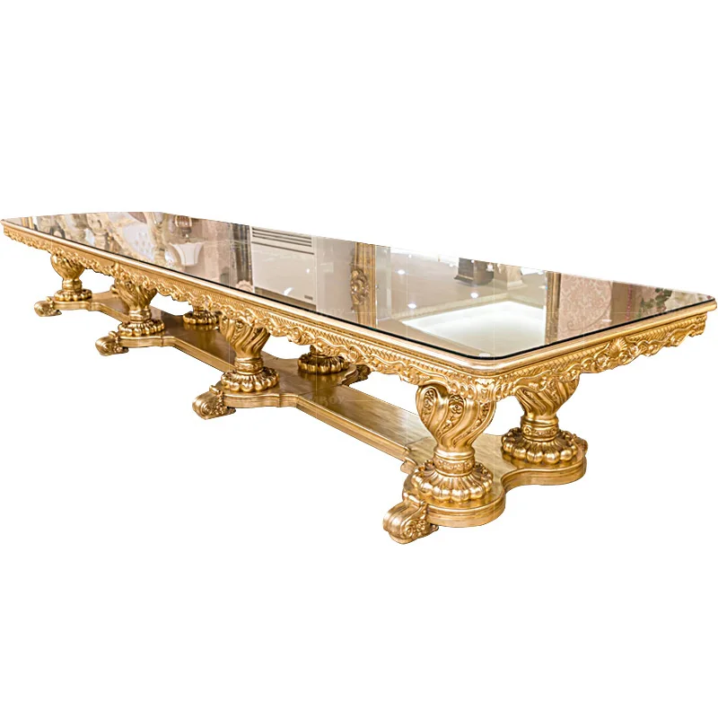 Вилла на заказ, обеденный стол и стул из массива дерева, сочетание Европейской золотой фольги, Роскошный Резной дворец