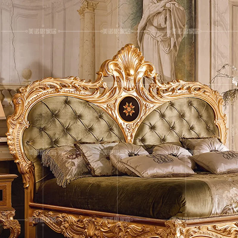 Изготовленная на заказ итальянская роскошная двуспальная кровать в европейском стиле из массива дерева, резная золотая фольга, большая кровать, вилла, спальня, свадебная кровать