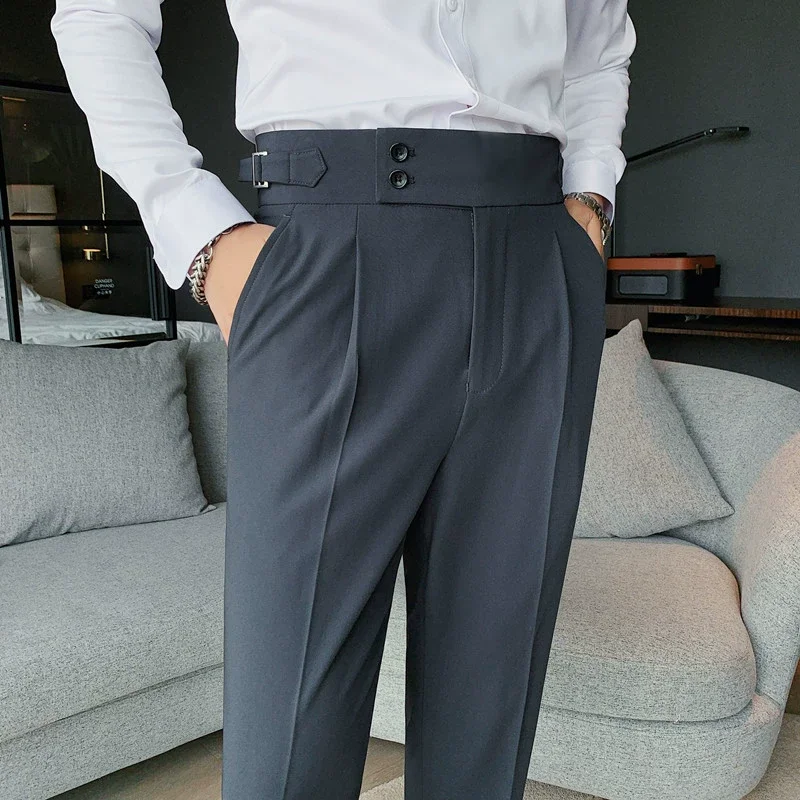 Мужские костюмные брюки В британском стиле, однотонные брюки с высокой талией, мужские официальные деловые облегающие костюмные брюки, светские Свадебные повседневные брюки