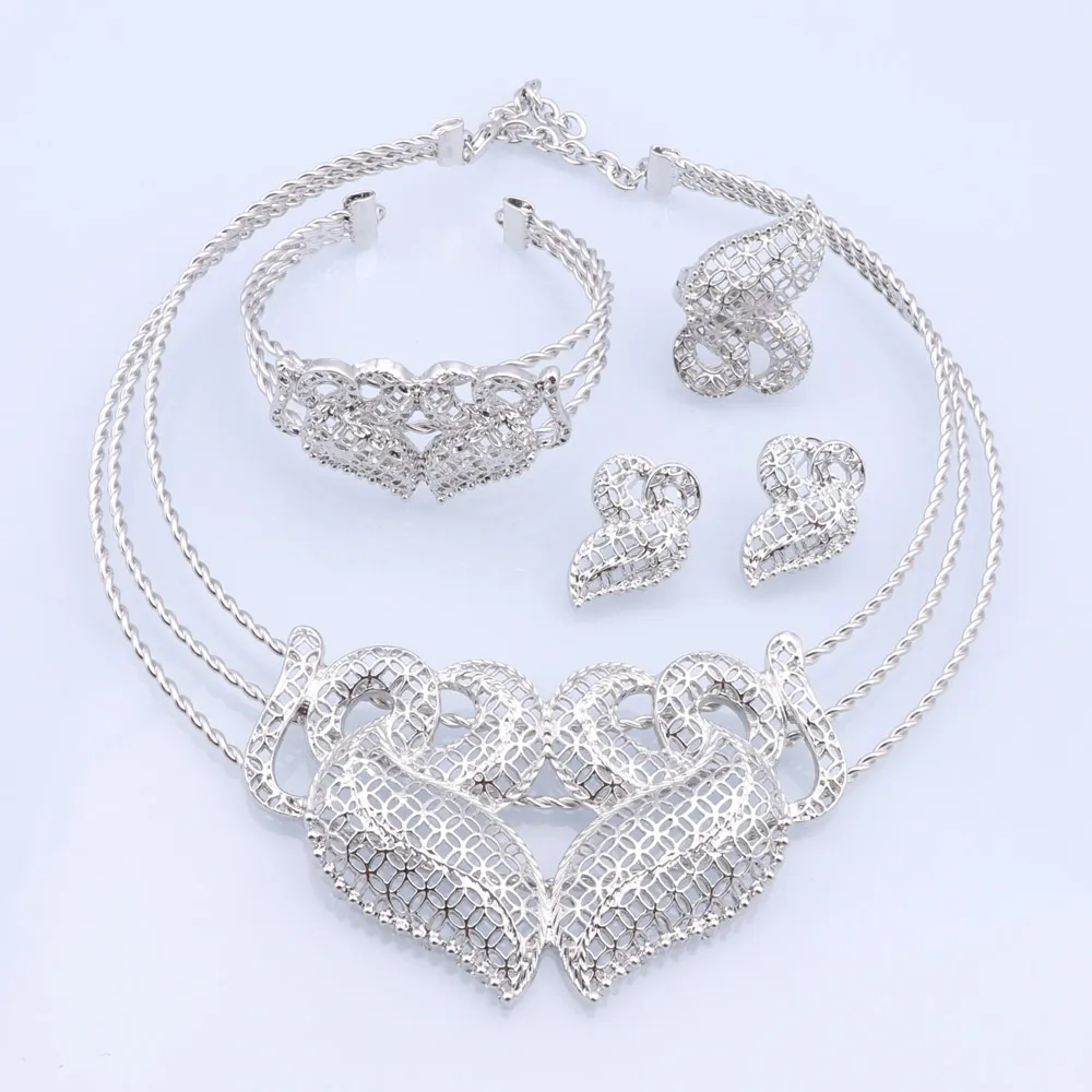 CYNTHIA Dubai, Посеребренные ювелирные наборы для женщин, Роскошное ожерелье в форме сердца для новобрачных, Серьги, Африканские подарки для свадебной вечеринки