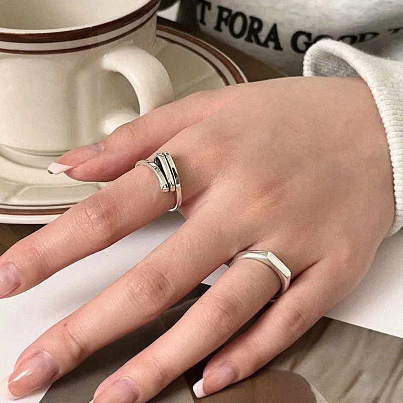 Открытое кольцо с простой овальной печаткой в корейском стиле, серебро 925 пробы, Минималистичные простые тонкие ремешки, Регулируемое кольцо для укладки для женщин