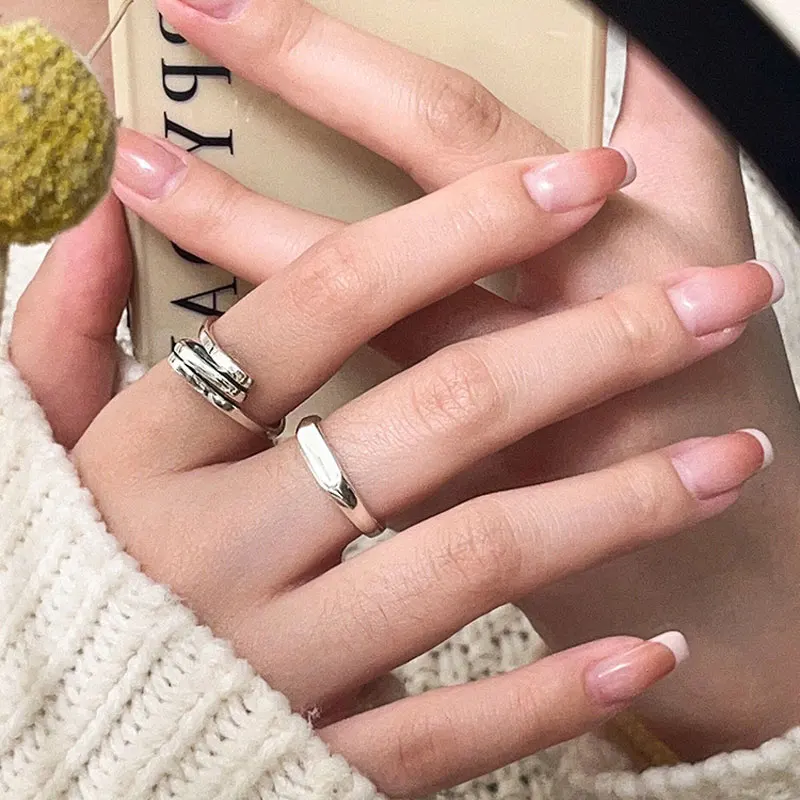 Открытое кольцо с простой овальной печаткой в корейском стиле, серебро 925 пробы, Минималистичные простые тонкие ремешки, Регулируемое кольцо для укладки для женщин