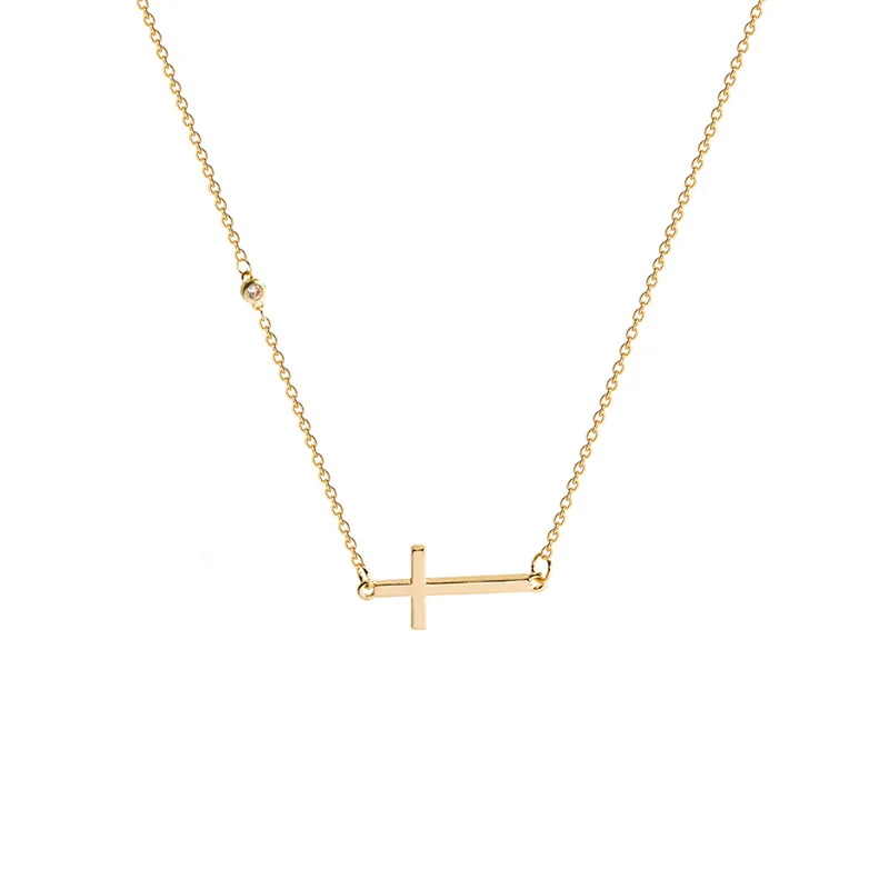 Asdecy Золотое Боковое ожерелье с крестом для женщин, 18-Каратное позолоченное Милое колье с подвеской в виде креста, простые модные украшения на каждый день