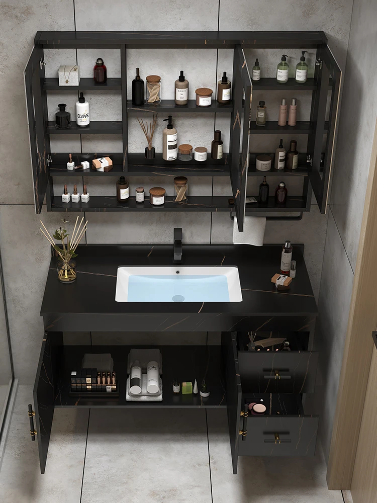 Комбинация шкафов для ванной комнаты с легкой роскошной каменной панелью из массива дерева, современный простой туалет, стол для мытья рук, набор шкафов для умывальника