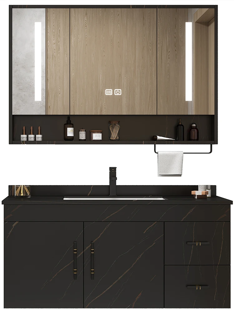 Комбинация шкафов для ванной комнаты с легкой роскошной каменной панелью из массива дерева, современный простой туалет, стол для мытья рук, набор шкафов для умывальника