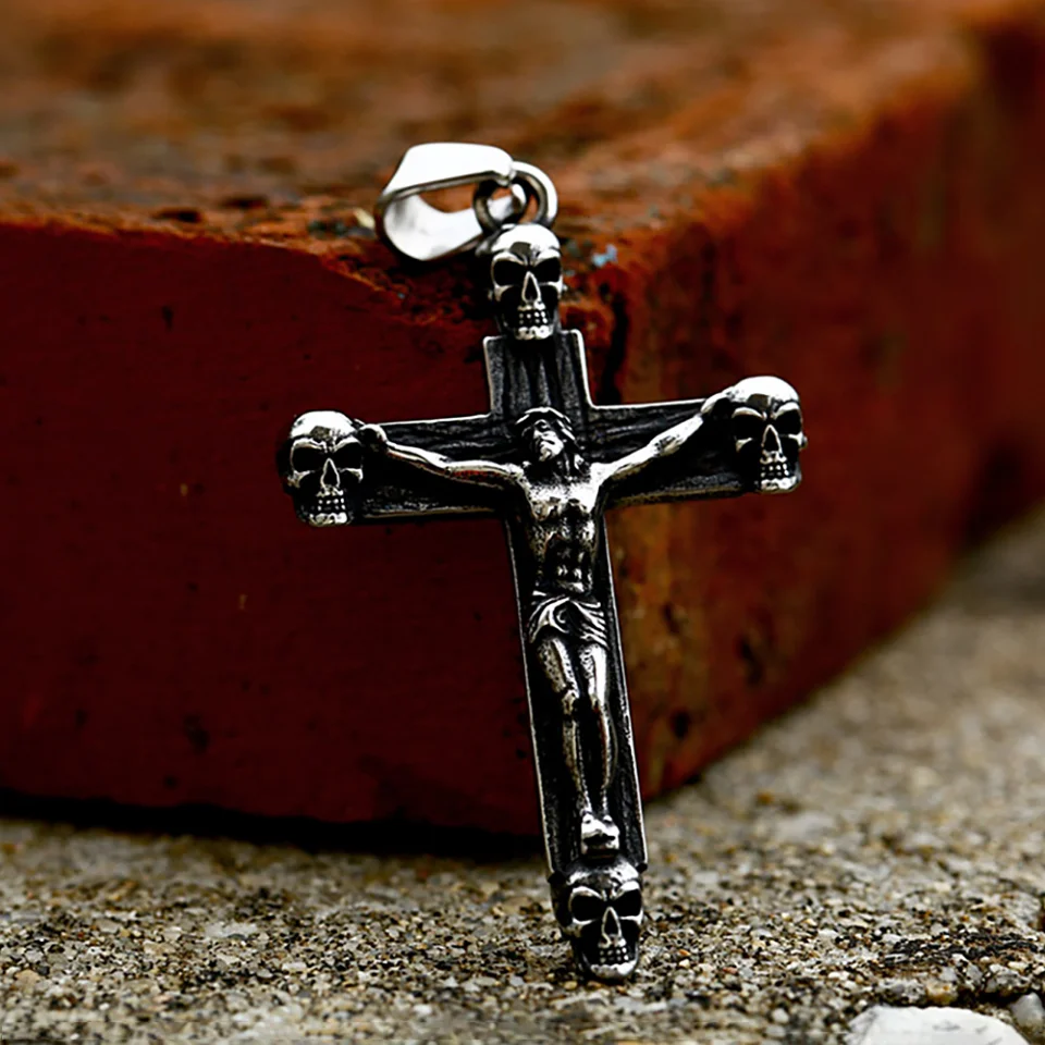 Винтажное ожерелье с Крестом Иисуса из нержавеющей стали 316L в виде Черепа для мужчин в стиле панк, хип-хоп, христианская бижутерия, подарочная прямая поставка
