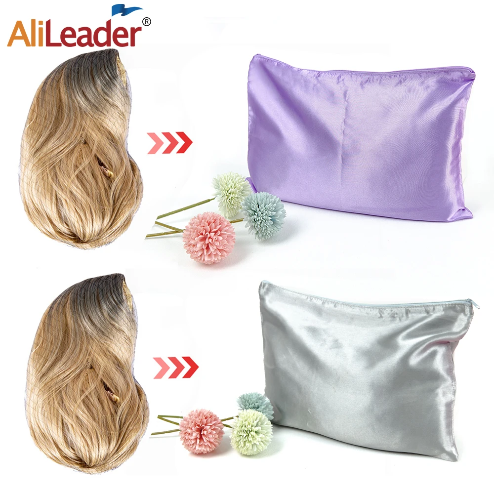 Шелковая атласная сумка для париков на молнии, сумки для хранения париков 25 * 35 см, Оптовые сумки для наращивания волос Для нескольких пучков париков