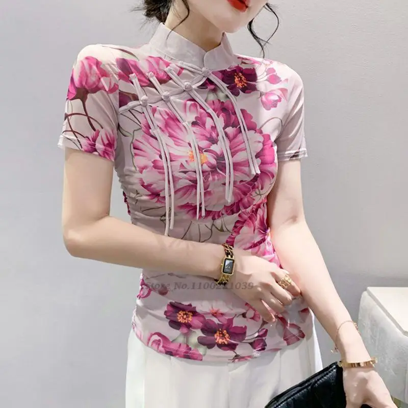 2023 китайская винтажная рубашка qipao национальная сетчатая рубашка с цветочным принтом базовая рубашка с воротником-стойкой восточная этническая рубашка уличная одежда