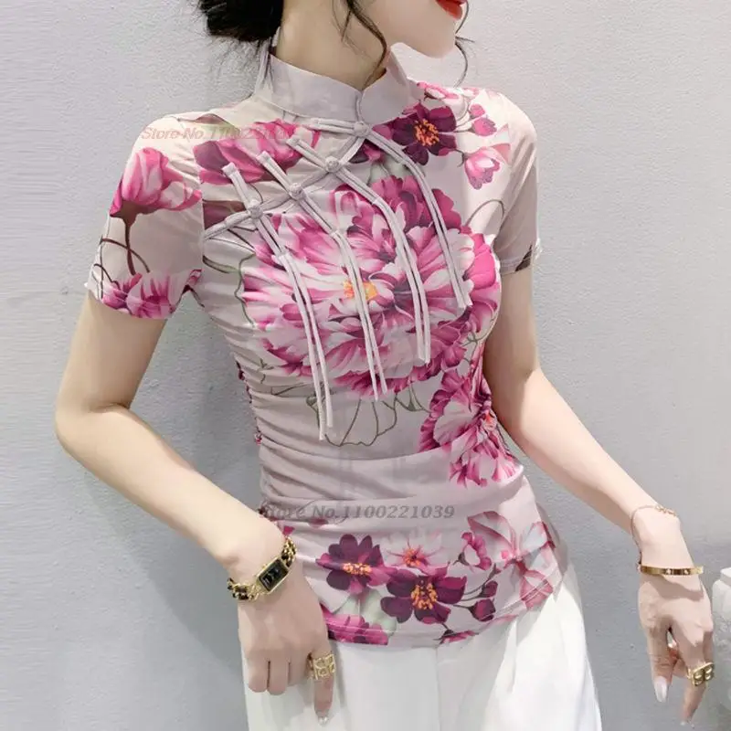 2023 китайская винтажная рубашка qipao национальная сетчатая рубашка с цветочным принтом базовая рубашка с воротником-стойкой восточная этническая рубашка уличная одежда