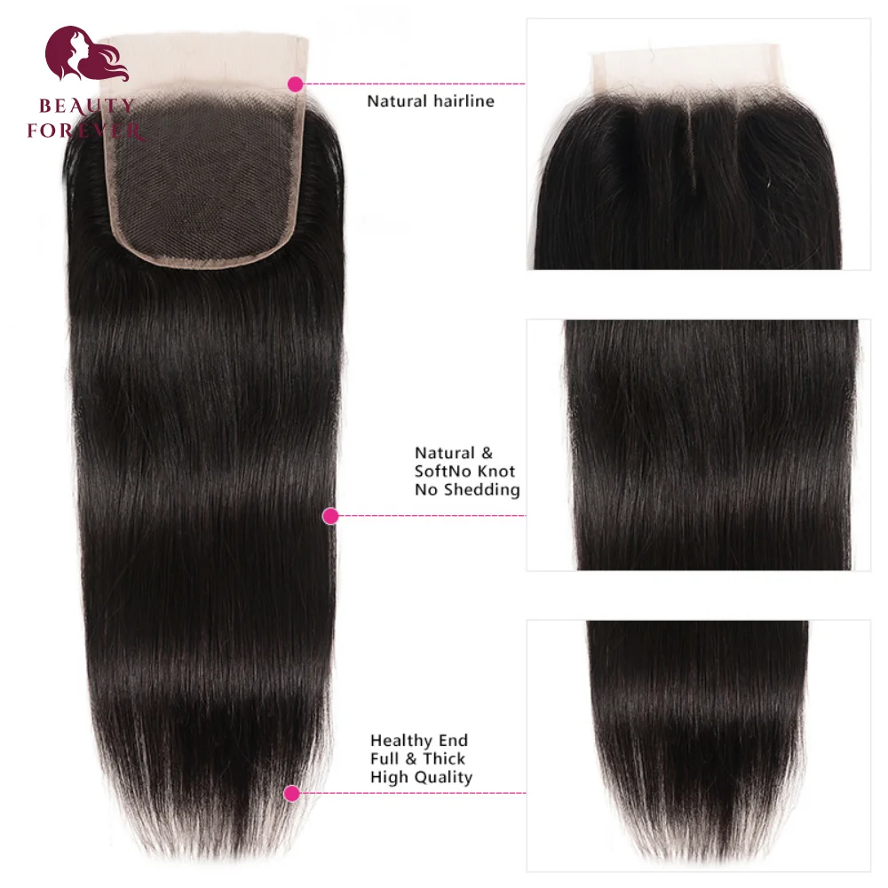 Beauty Forever Перуанские прямые пучки человеческих волос с застежкой 12A из необработанных натуральных человеческих волос 3 шт. с застежкой на шнурке 4x4