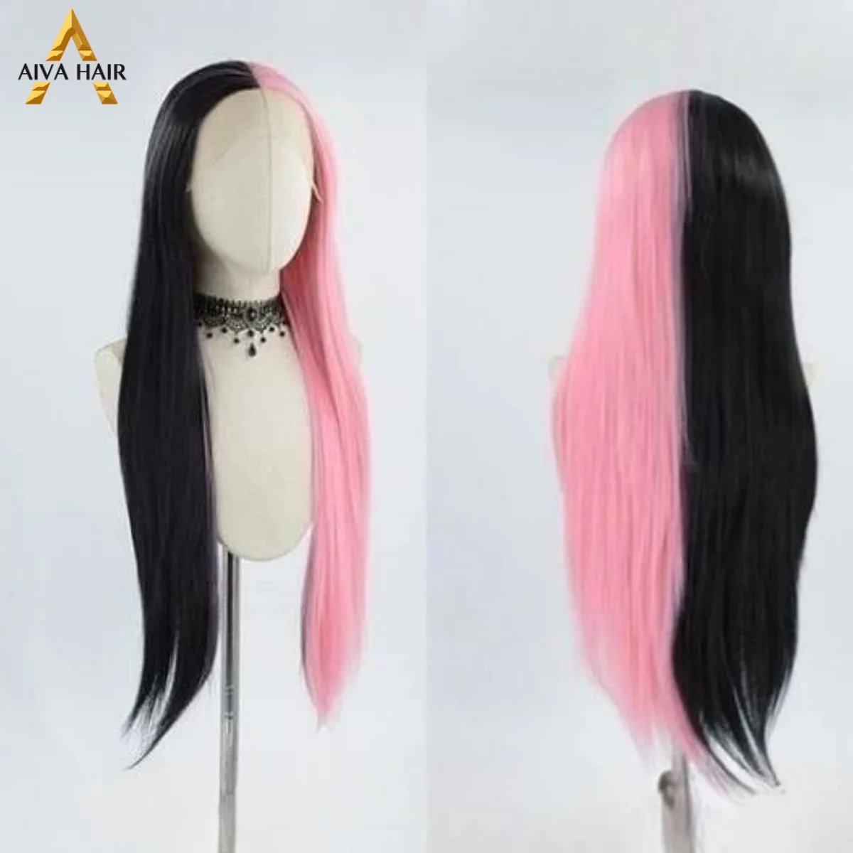Aiva Hair наполовину Розовый, наполовину черный синтетический парик на кружеве 13x4, косплей, Термостойкие Бесклеевые парики для женщин, предварительно выщипанные 180%
