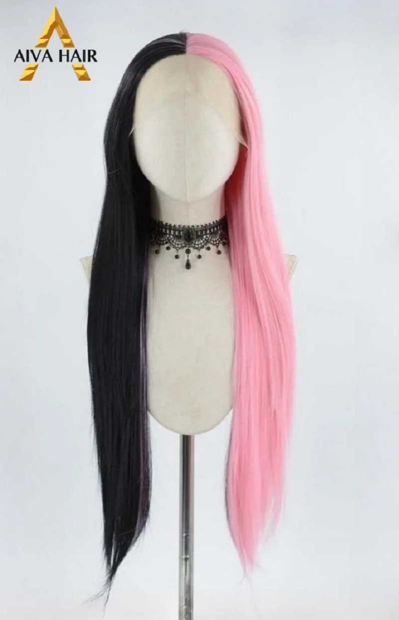 Aiva Hair наполовину Розовый, наполовину черный синтетический парик на кружеве 13x4, косплей, Термостойкие Бесклеевые парики для женщин, предварительно выщипанные 180%