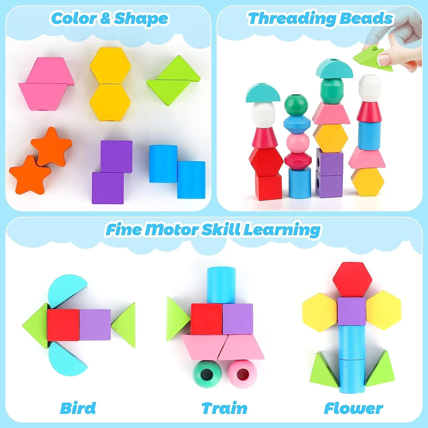 Штабелирующие блоки, бусины для шнуровки и укладчик подходящей формы, набор игрушек для упорядочивания деревянных бусин Монтессори, обучающие игрушки для дошкольного образования STEM