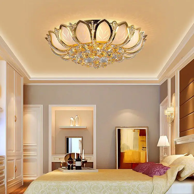 Хрустальная лампа Golden Lotus Потолочный светильник в европейском стиле С Круглой Атмосферой, Лампа Для гостиной, Светодиодное Освещение спальни и Холла.