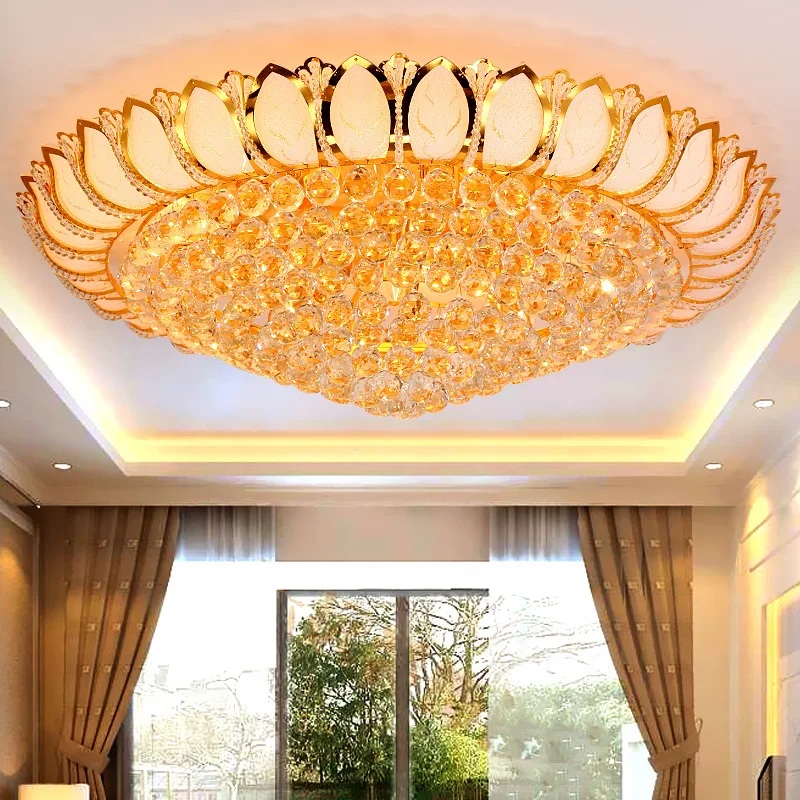 Хрустальная лампа Golden Lotus Потолочный светильник в европейском стиле С Круглой Атмосферой, Лампа Для гостиной, Светодиодное Освещение спальни и Холла.
