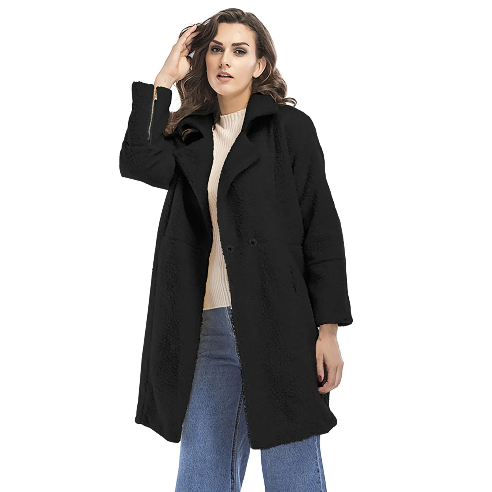 Осенне-зимнее Женское флисовое пальто с длинным рукавом и отворотом спереди, пальто Veste Femme 2023, Новый Пушистый жакет-кардиган, верхняя одежда