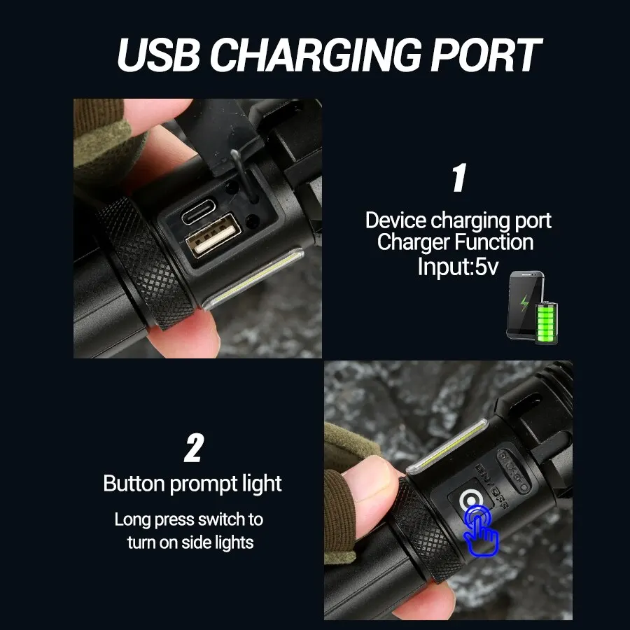 Супер яркий XHP70 Мощный светодиодный фонарик Power Bank Torch Light USB Перезаряжаемый походный тактический фонарик с лампой COB