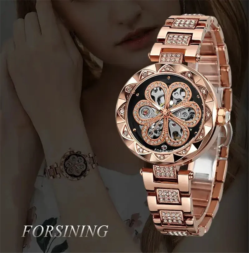 Механические женские часы Forsining 342 с полым маховиком, полностью автоматические, Ladides Flower, прямая трансляция, деловой водонепроницаемый ремень