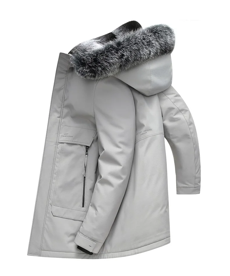 Куртка из 90% белого гусиного пуха, мужские зимние пуховики средней длины 2023, теплые утолщенные пуховики, мужское пальто с капюшоном и воротником из лисьего меха