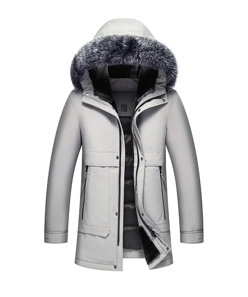 Куртка из 90% белого гусиного пуха, мужские зимние пуховики средней длины 2023, теплые утолщенные пуховики, мужское пальто с капюшоном и воротником из лисьего меха