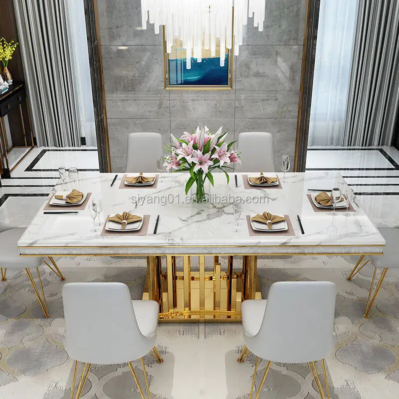 Обеденный стол из каменной плиты, простой прямоугольный, светлый, роскошный обеденный стол и стулья из нержавеющей стали, элитная мебель для виллы