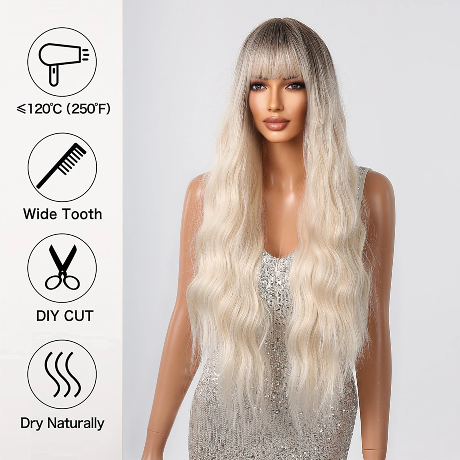 Длинный парик Светло-русый Коричневый Свободный волнистый синтетический парик с челкой для женщин, светлые натуральные волосы, повседневная вечеринка, свадьба, Термостойкий