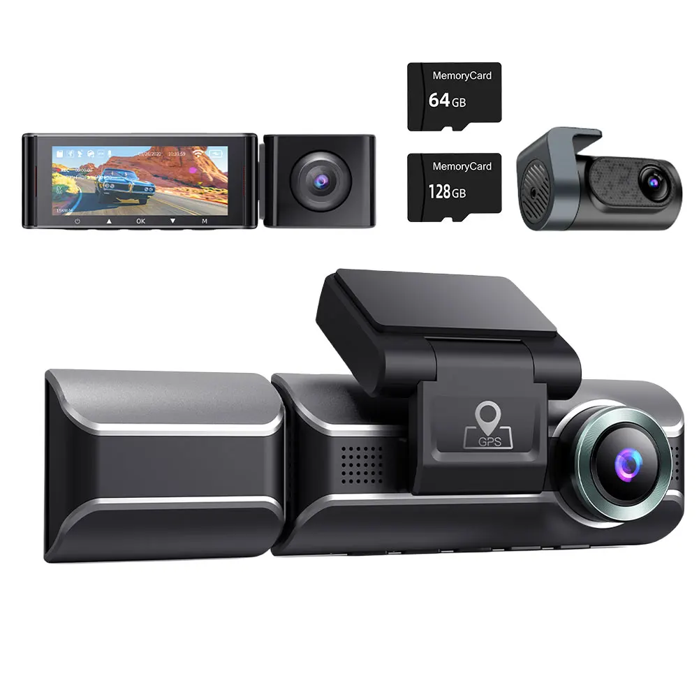 Автомобильный Видеорегистратор 4K + 1080p с 3 Объективами, Автовидикон, Регистратор Данных Обнаружения Движения, WiFi GPS, Ночное Видение, 24-часовой Парковочный Монитор, Встроенный G-Сенсор
