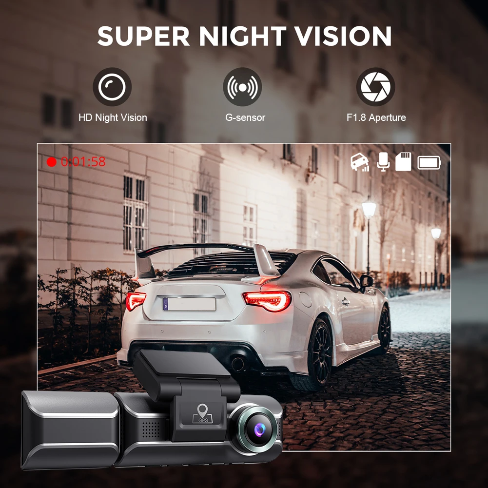 Автомобильный Видеорегистратор 4K + 1080p с 3 Объективами, Автовидикон, Регистратор Данных Обнаружения Движения, WiFi GPS, Ночное Видение, 24-часовой Парковочный Монитор, Встроенный G-Сенсор