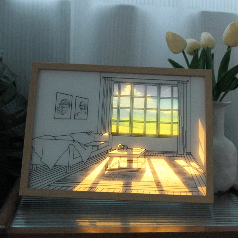 INS Deco Светодиодная роспись USB-штекер с затемнением, Настенное произведение искусства, Настольная лампа, Подарок, Солнечное окно в помещении, Деревянная фотография, Ночная подсветка