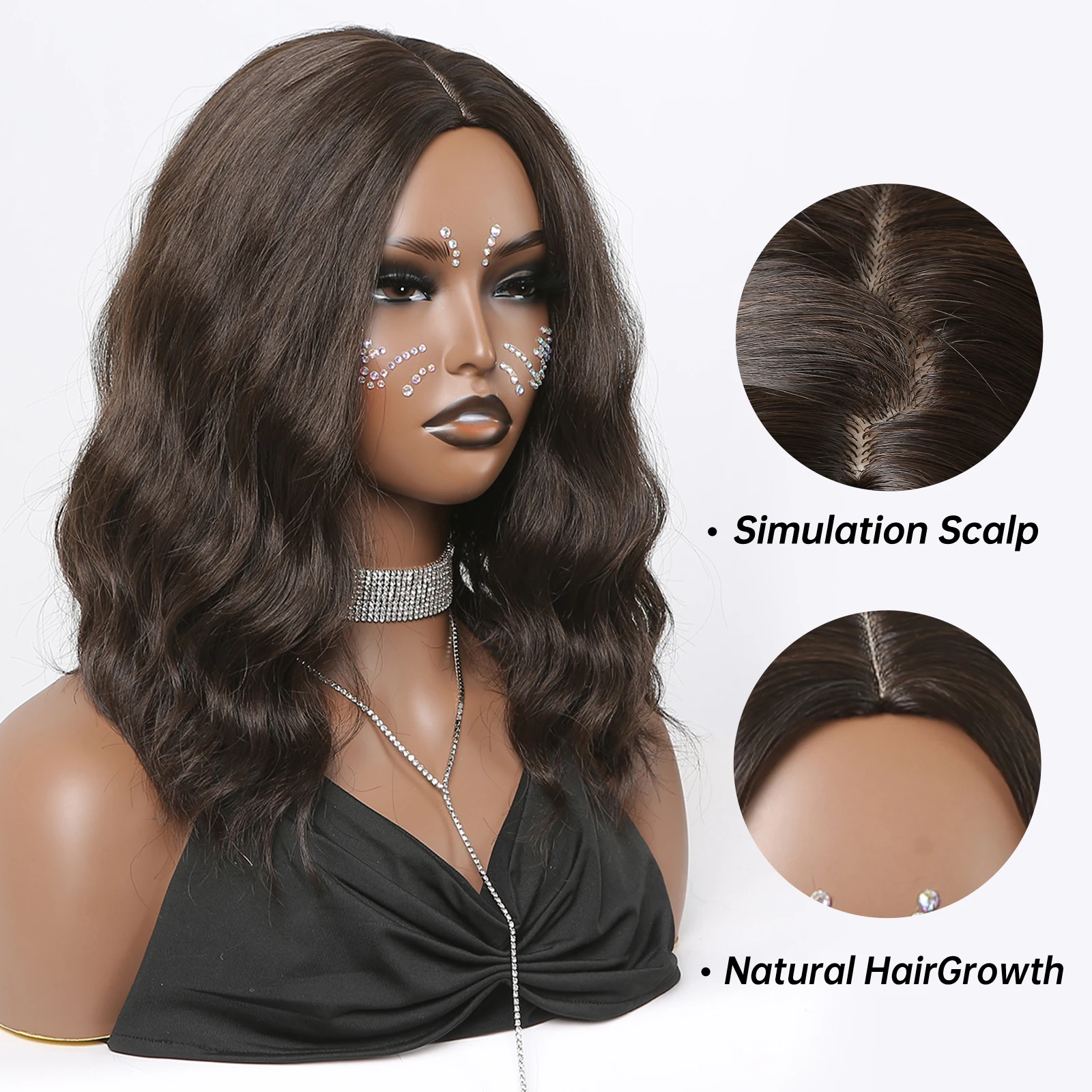 Синтетические парики средней длины с водной волной, натуральные темно-коричневые, черные Повседневные парики для женщин, средняя часть из термостойкого волокна