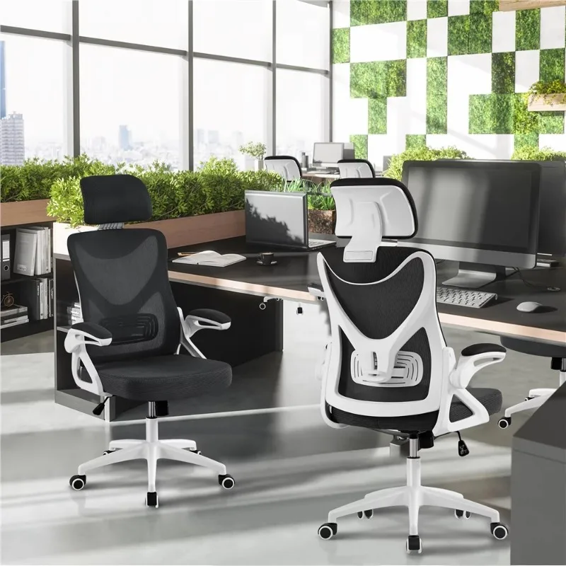 Эргономичный офисный стул SmileMart из сетки с высокой спинкой и регулируемым мягким подголовником, белый / черный