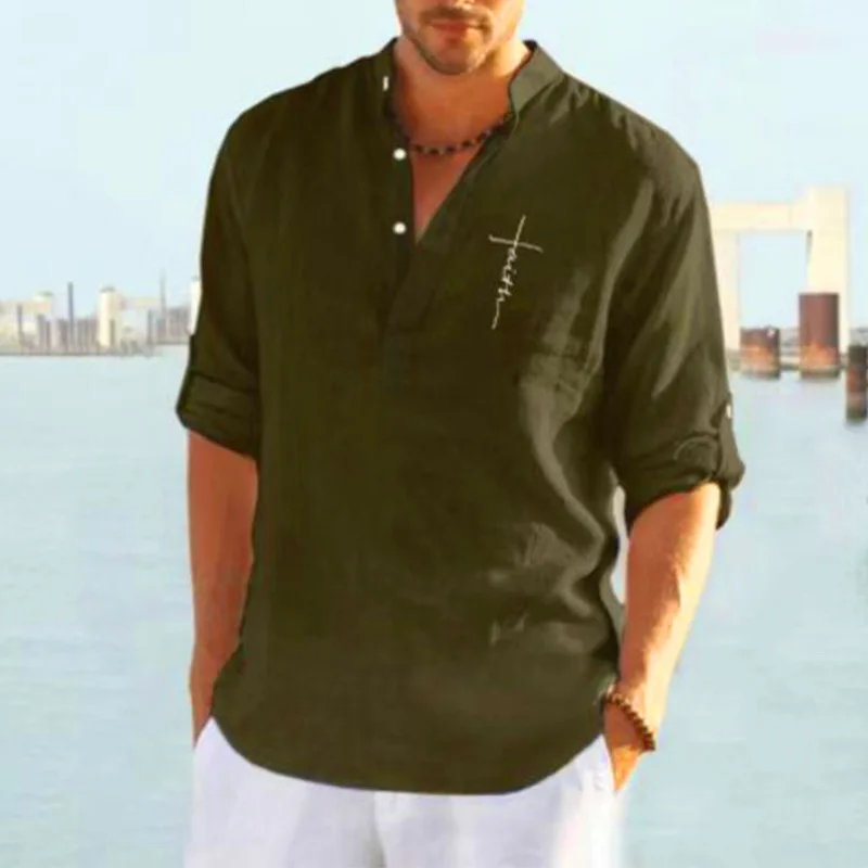 Мужские хлопчатобумажные льняные футболки, летние пляжные рубашки с V-образным вырезом и длинным рукавом из цельного песка, офисные мужские футболки, топы
