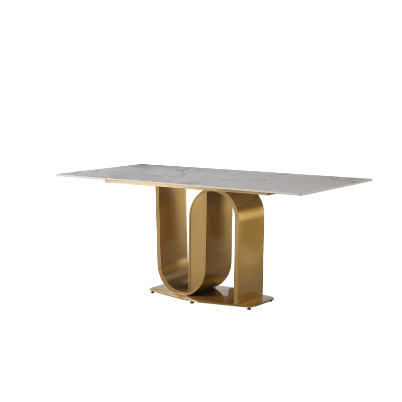 Современный обеденный стол из золота со столешницей из спеченного камня и U-образной подставкой с золотой отделкой и стульями из 6 шт.