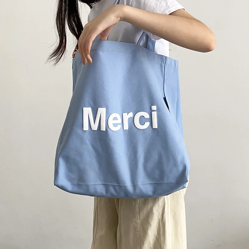 Парижские женские сумки через плечо из хлопчатобумажного полотна с 3D-принтом Merci French Print из эко-ткани, сумка для покупок продуктов, Сумка для книг, женская повседневная сумка-тоут