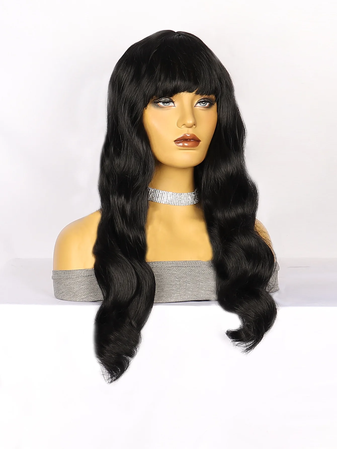 Длинные черные волнистые синтетические парики с челкой для женщин, парики с объемной волной, для косплея, для ежедневного естественного использования, Термостойкие волосы