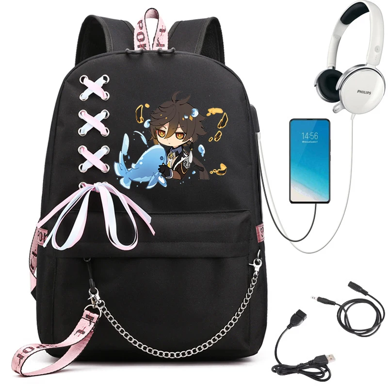 Школьный рюкзак Genshin Impact Hu Tao Xiao для подростков, портативный компьютер с USB-зарядкой, уличные сумки Mochila для мальчиков и девочек с мультяшными книгами