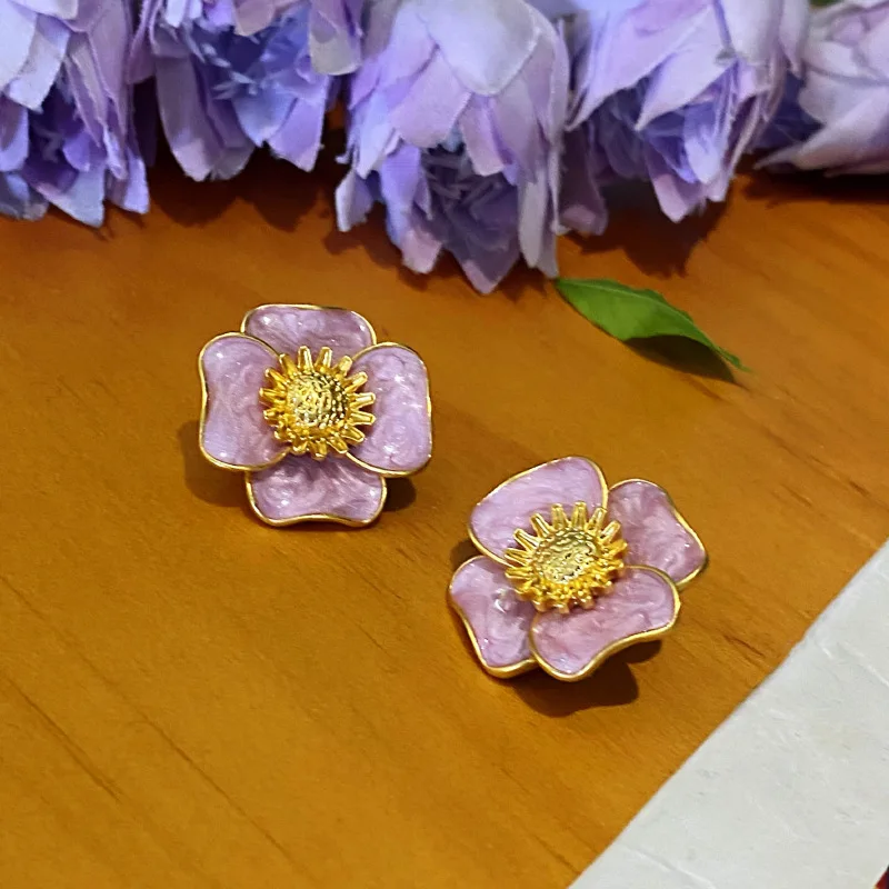 VENTFILLE Серьги-гвоздики из стерлингового серебра 925 пробы с каплевидным глазурным цветком для женщин, фиолетовый ювелирный подарок в стиле ретро Подсолнух для девочек, прямая поставка
