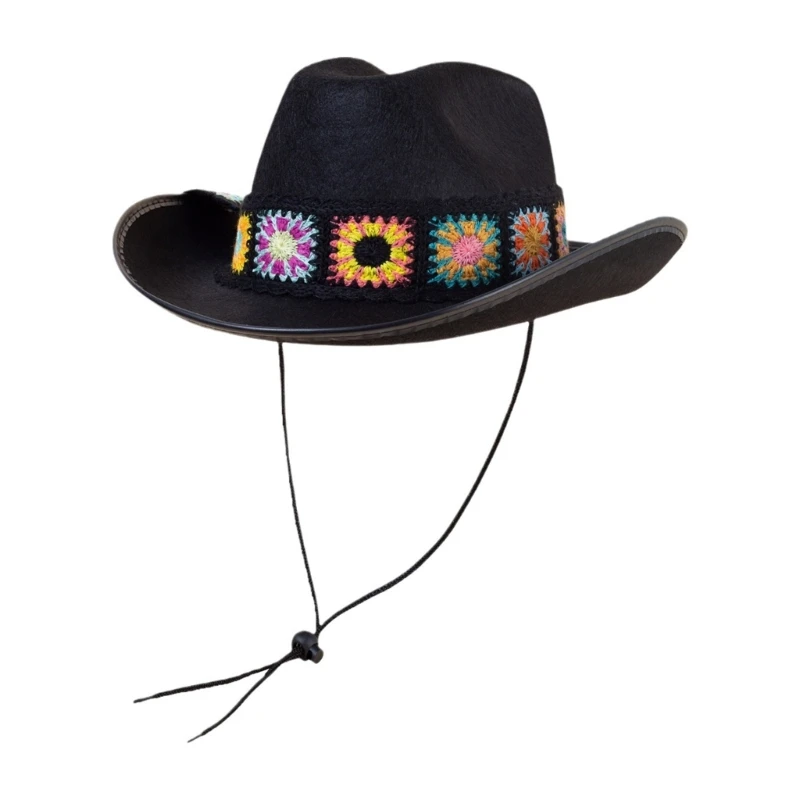 Женская Мужская ковбойская шляпа с изогнутыми полями на весну-лето, элегантная женская ковбойская шляпа с цветочным узором, вязаная крючком, ветрозащитная для взрослых