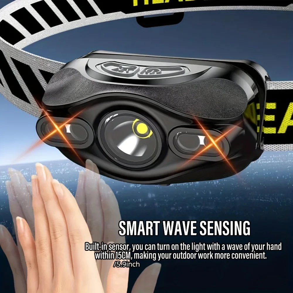 Портативная светодиодная сенсорная фара высокой яркости, перезаряжаемая через USB мини-фара, встроенный аккумулятор, 5-режимный головной фонарик для бегущей рыбы