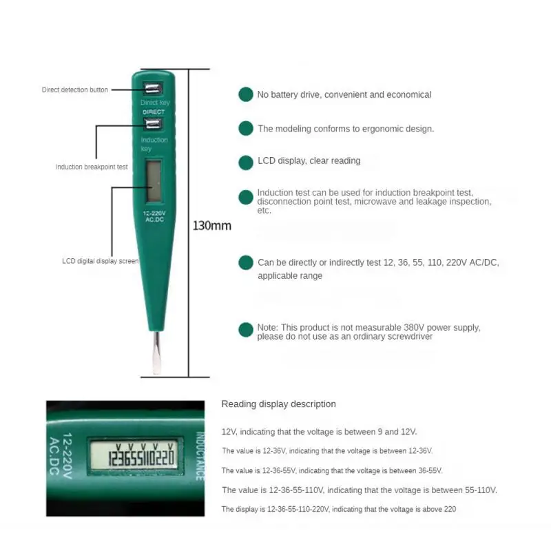 Измерители напряжения Ручка Электронный индукционный электрометр Без батареи Цифровой дисплей Обнаружение утечки Бытовые измерители напряжения