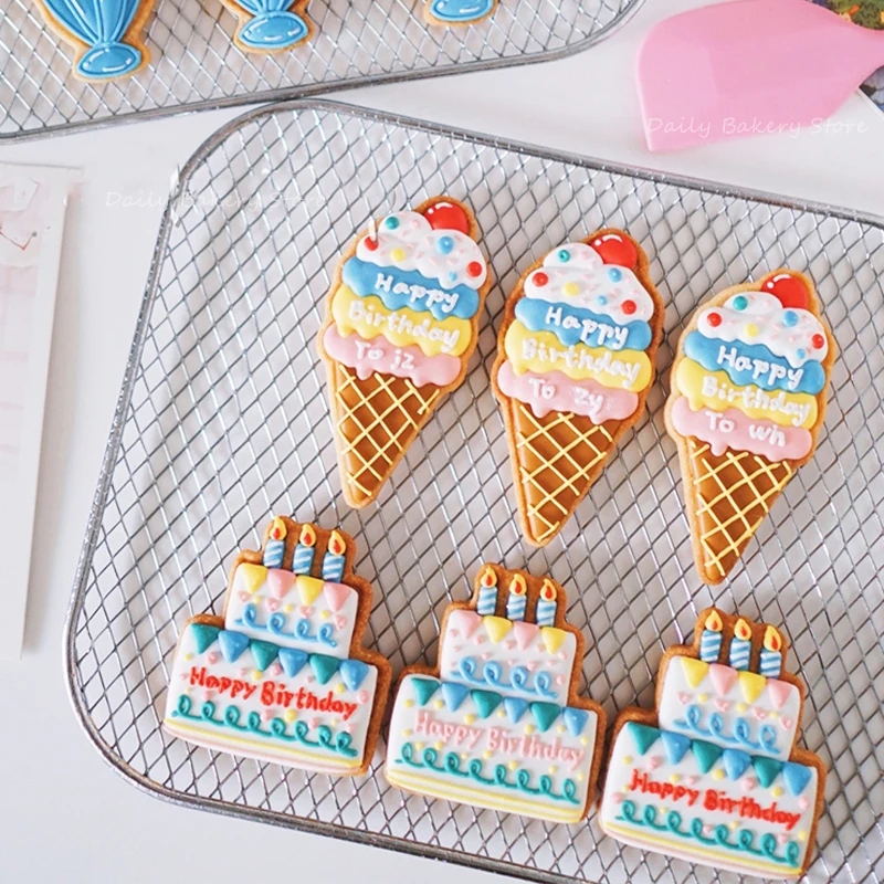 Форма для тиснения печенья для вечеринки в честь Дня рождения, торт с рисунком мороженого, Трафареты для печенья, форма для глазури на десерт, форма для печенья