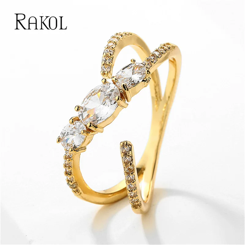 RAKOL Изысканные кольца с геометрией золотого цвета для женщин, модные кольца с цирконием неправильной формы, ювелирные изделия, аксессуары для вечерних платьев